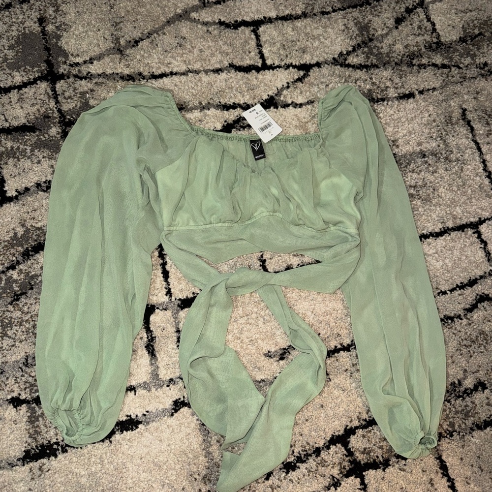 Windsor Sage Green Tie-Front Puff Sleeve Crop Top